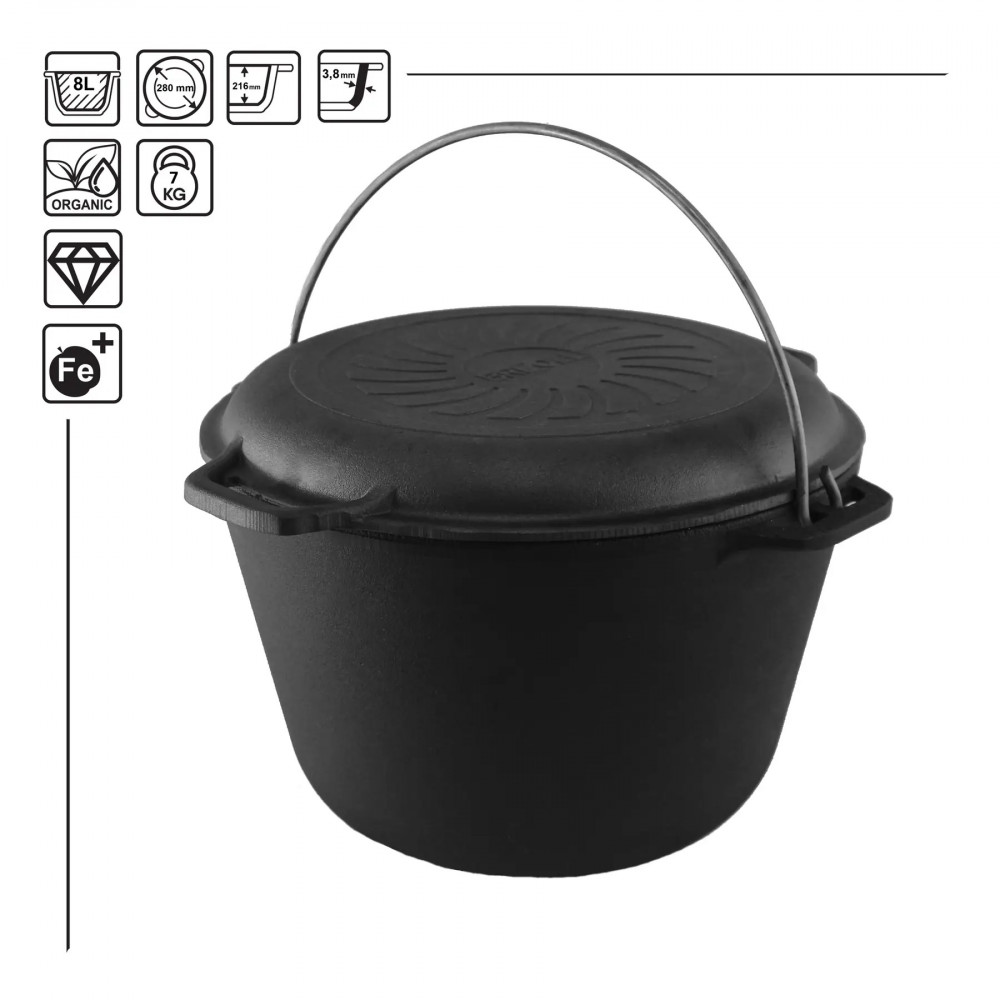 Казан чугунный 8 л с крышкой-сковородкой