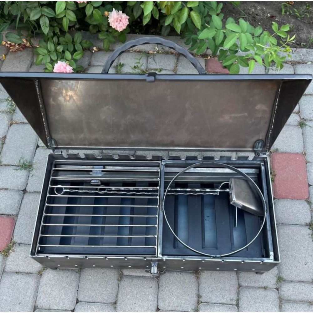 Мангал-барбекю 3 мм на 12 шампурів з кришкою, решіткою-гриль та підставкою під казан