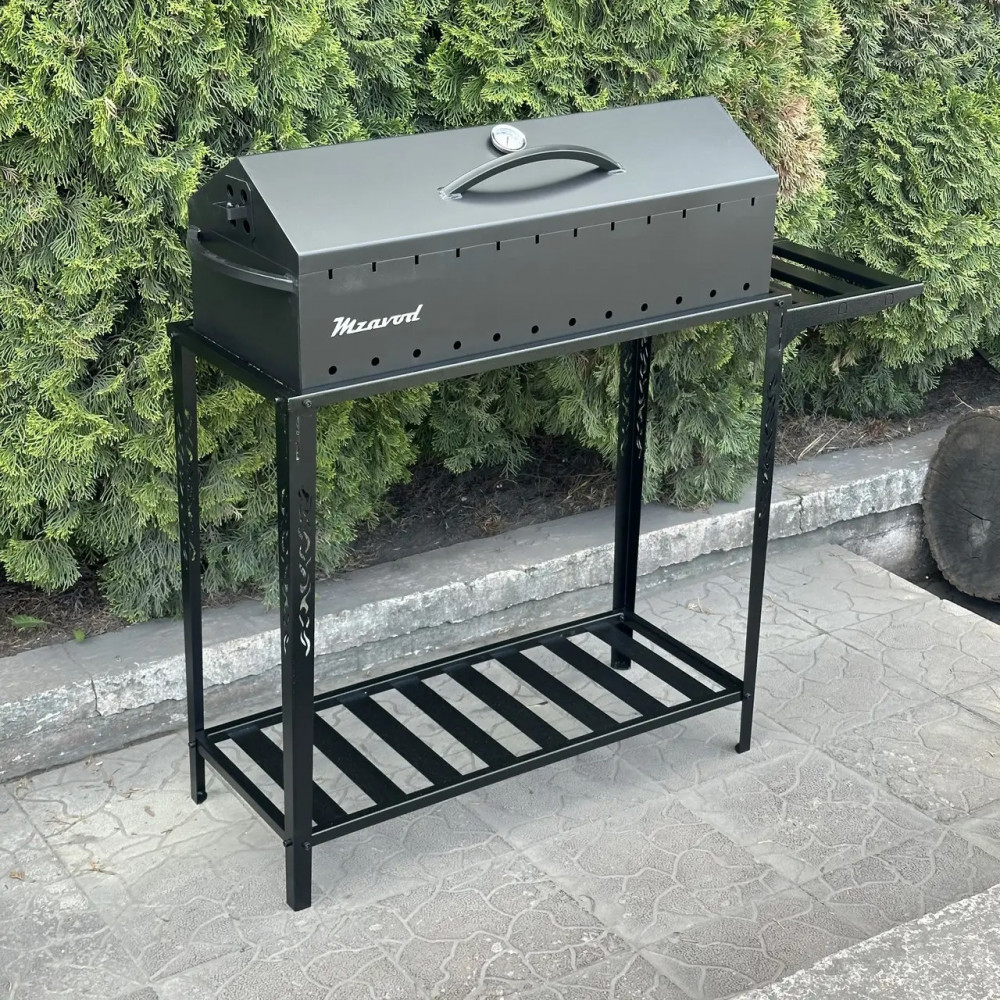 Мангал-барбекю 4 мм на 12 шампурів з термометром та розбірною дровницею