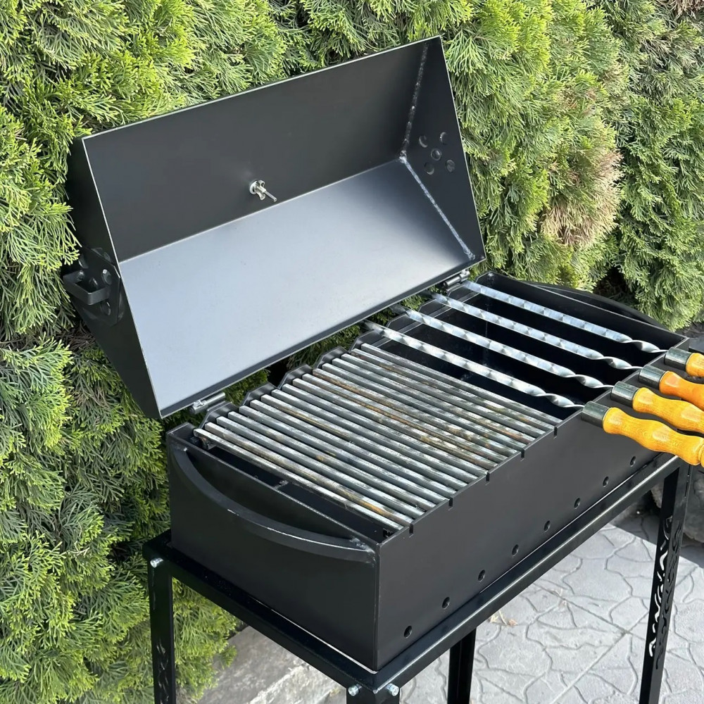 Мангал-барбекю 4 мм на 9 шампурів з термометром та розбірною дровницею