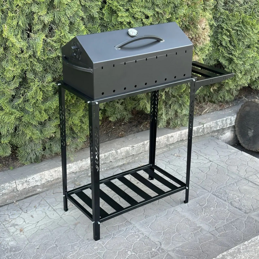 Мангал-барбекю 4 мм на 9 шампурів з термометром та розбірною дровницею