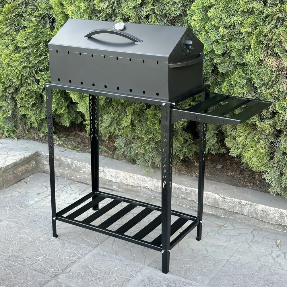 Мангал-барбекю 4 мм на 9 шампурів з термометром та розбірною дровницею