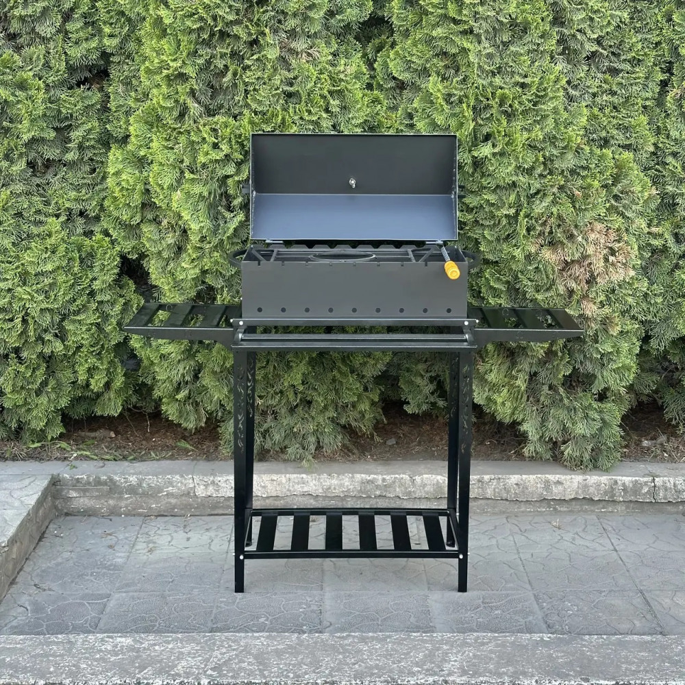 Мангал-барбекю 4 мм на 9 шампурів з термометром та розбірною дровницею