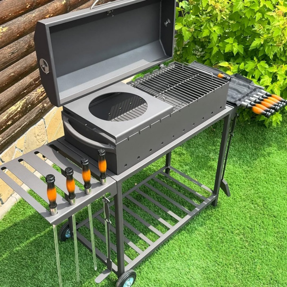 Мангал-барбекю 4 мм посилений на 11 шампурів з термометром, решіткою-гриль та підставкою під казан