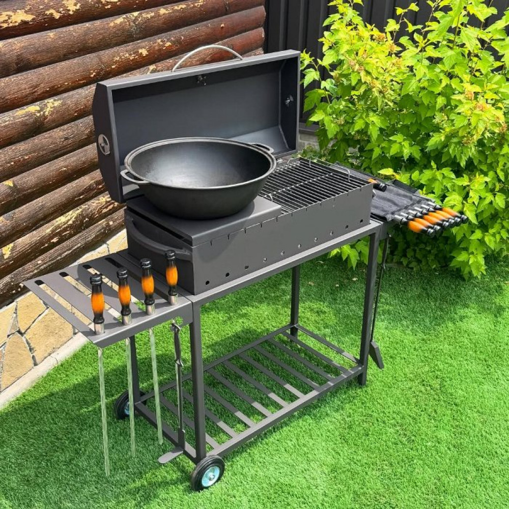 Мангал-барбекю 4 мм посилений на 11 шампурів з термометром, решіткою-гриль та підставкою під казан