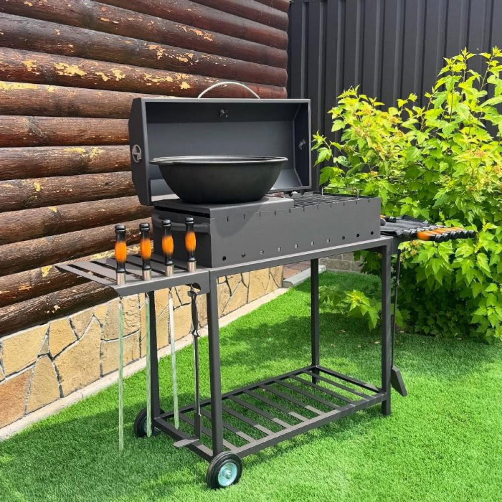 Мангал-барбекю 4 мм посилений на 11 шампурів з термометром, решіткою-гриль та підставкою під казан