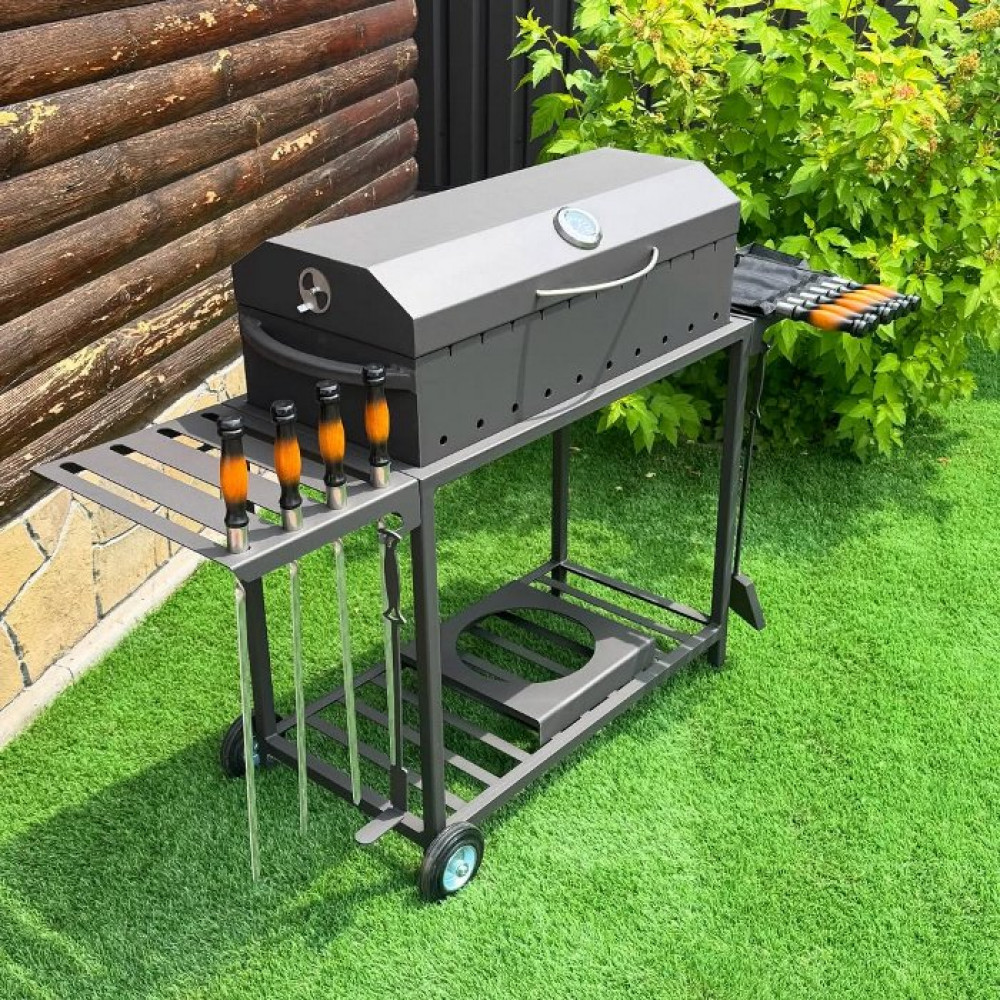 Мангал-барбекю 4 мм усилен на 11 шампуров с термометром, решеткой-гриль и подставкой под котел.