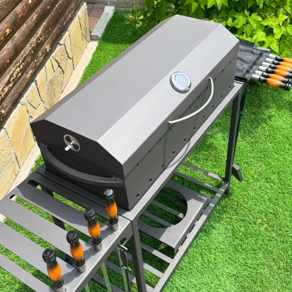 Мангал-барбекю 4 мм усилен на 11 шампуров с термометром, решеткой-гриль и подставкой под котел.