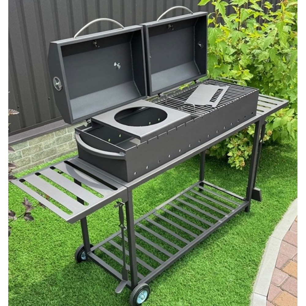 Мангал-барбекю 4 мм посилений на 15 шампурів з термометром, решіткою-гриль та підставкою під казан