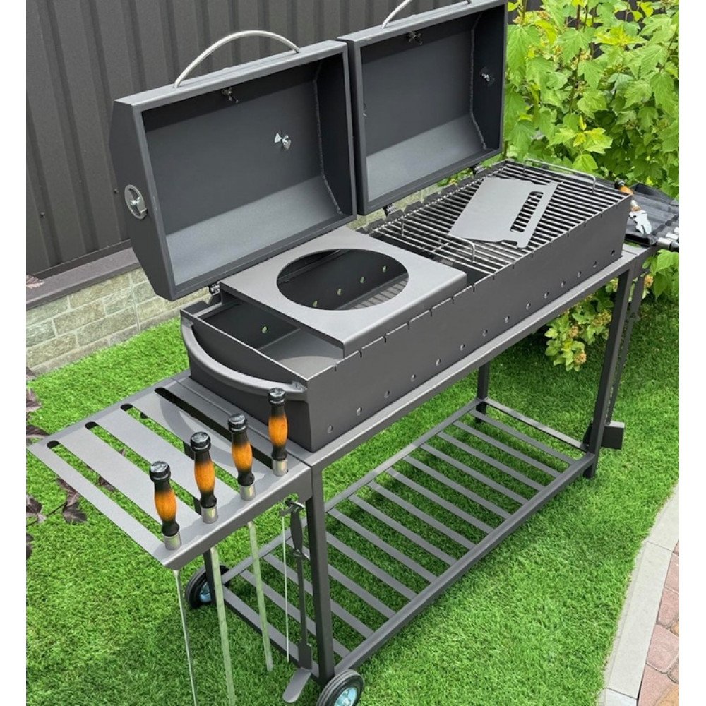 Мангал-барбекю 4 мм посилений на 15 шампурів з термометром, решіткою-гриль та підставкою під казан