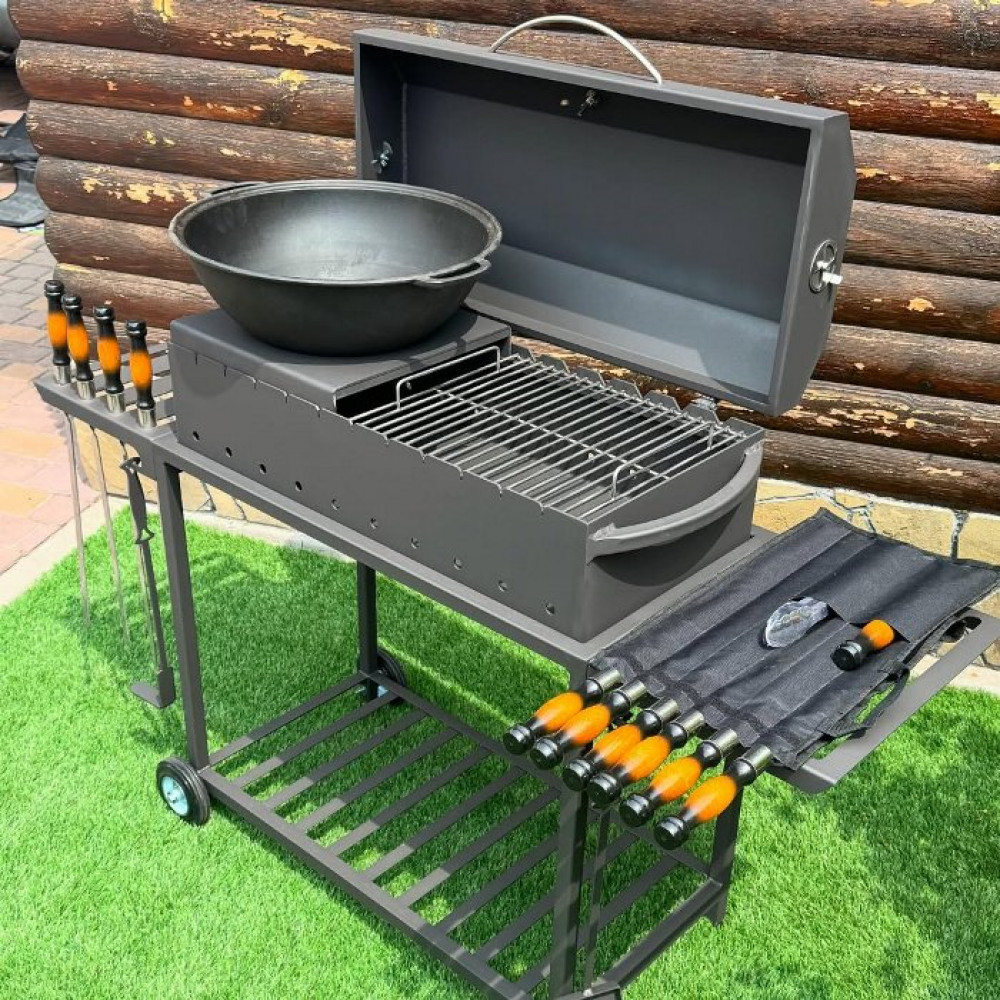 Мангал-барбекю 4 мм посилений на 11 шампурів з термометром, решіткою-гриль та підставкою під казан