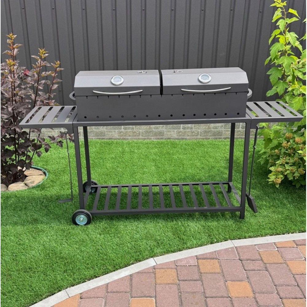 Мангал-барбекю 4 мм усиленый на 15 шампуров с термометром, решеткой-гриль и подставкой под котел.