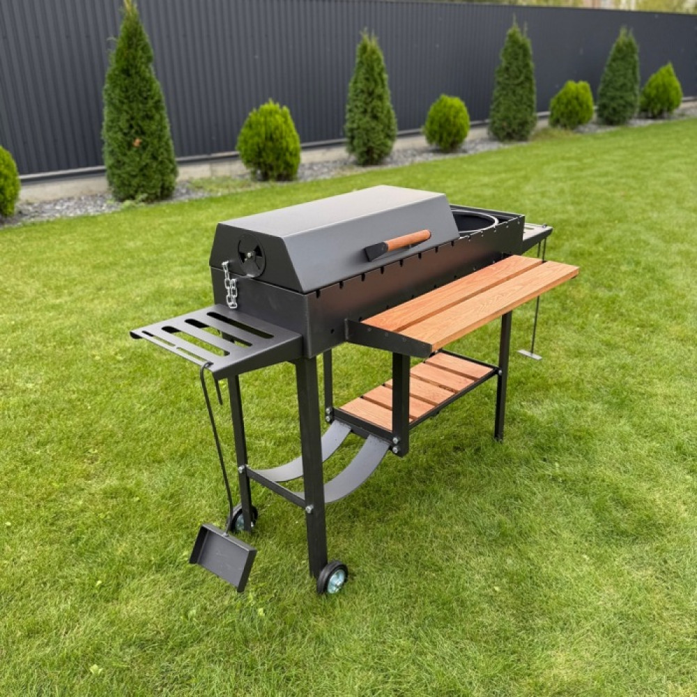 Мангал-барбекю 5 мм посилений з дровницею на 13 шампурів з  підставкою під казан та решіткою-гриль