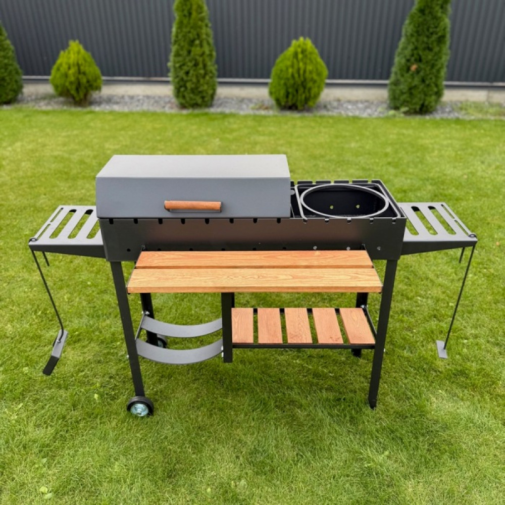 Мангал-барбекю 5 мм посилений з дровницею на 13 шампурів з  підставкою під казан та решіткою-гриль