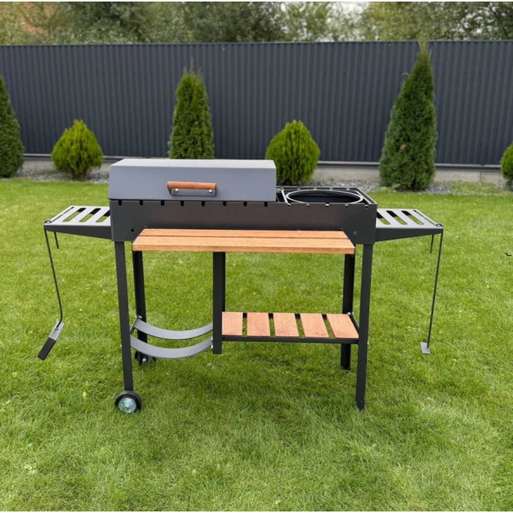 Мангал-барбекю 5 мм посилений з дровницею на 13 шампурів з  підставкою під казан та решіткою-гриль