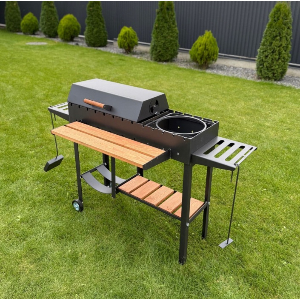 Мангал-барбекю 5 мм посилений з дровницею на 13 шампурів з  підставкою під казан та решіткою-гриль