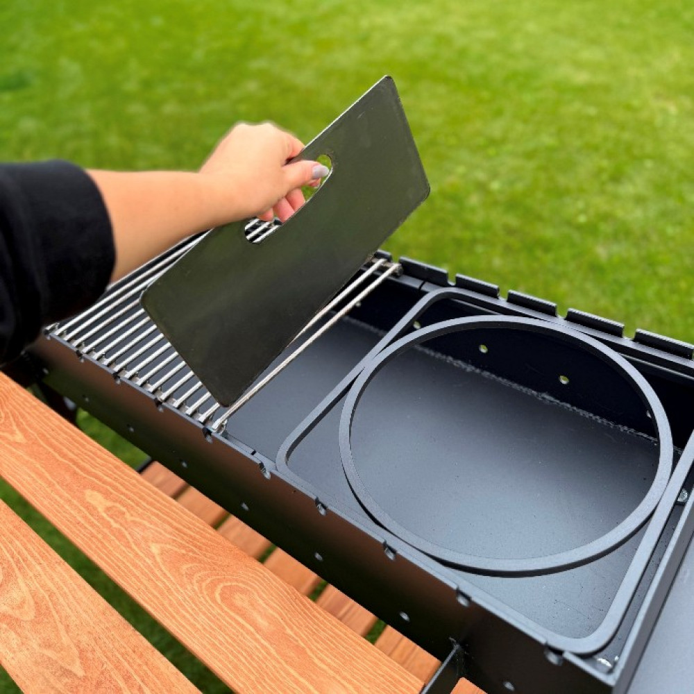 Мангал-барбекю 5 мм усиленный с дровницей на 13 шампуров с подставкой под котел и решеткой-гриль.