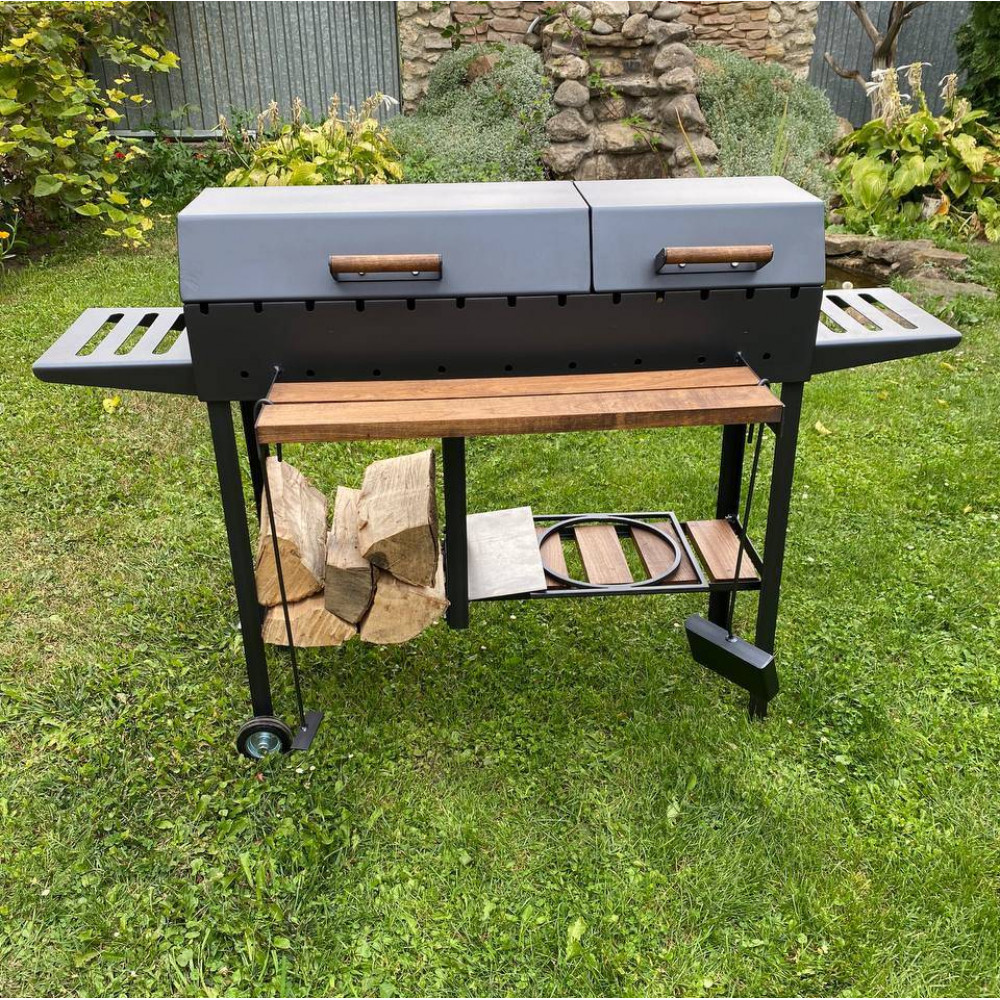 Мангал-барбекю 5 мм посилений з дровницею на 13 шампурів та двома кришками