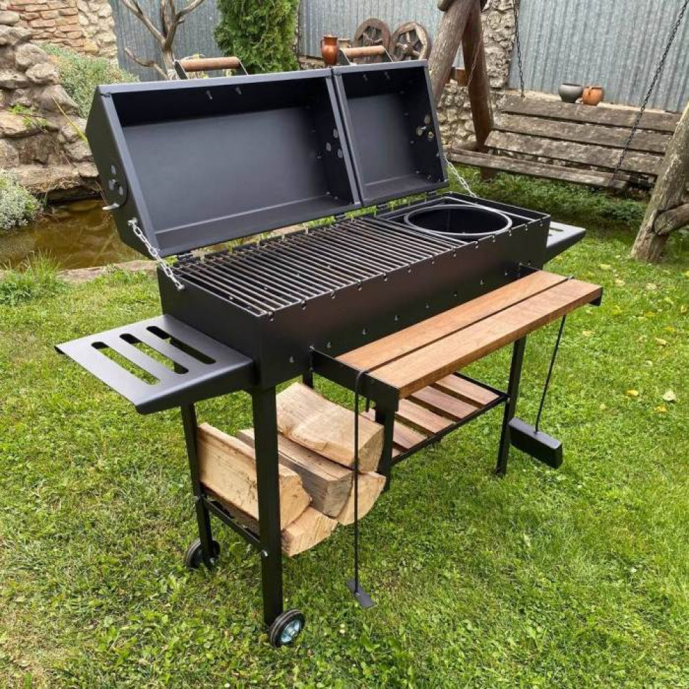 Мангал-барбекю 5 мм посилений з дровницею на 13 шампурів та двома кришками