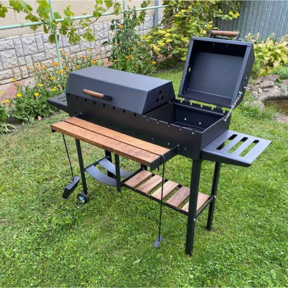 Мангал-барбекю 5 мм посилений з дровницею на 13 шампурів та двома кришками