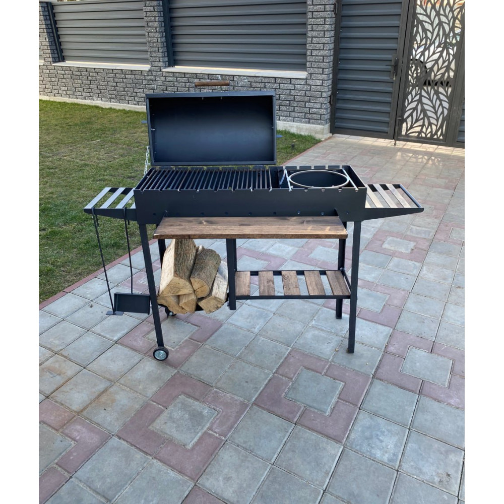 Мангал-барбекю 5 мм посилений на 13 шампурів з дровницею, решіткою-гриль та підставкою під казан