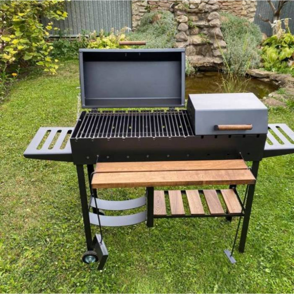 Мангал-барбекю 5 мм посилений з дровницею на 13 шампурів та двома кришками