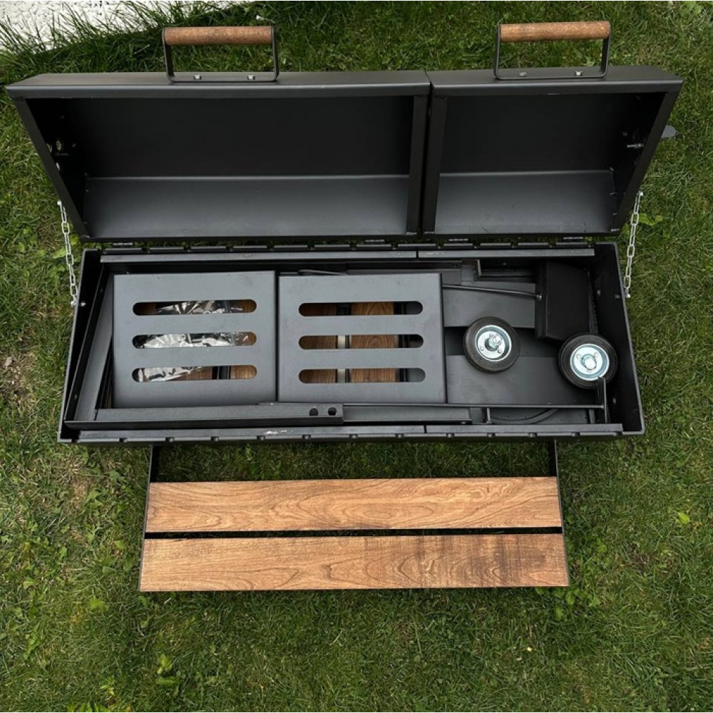 Мангал-барбекю 5 мм посилений з дровницею на 13 шампурів та двома кришками