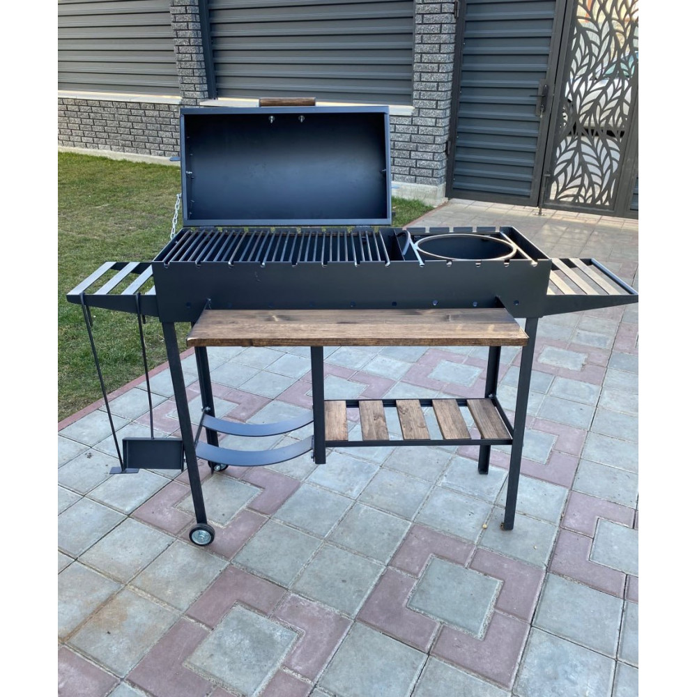 Мангал-барбекю 5 мм посилений на 13 шампурів з дровницею, решіткою-гриль та підставкою під казан