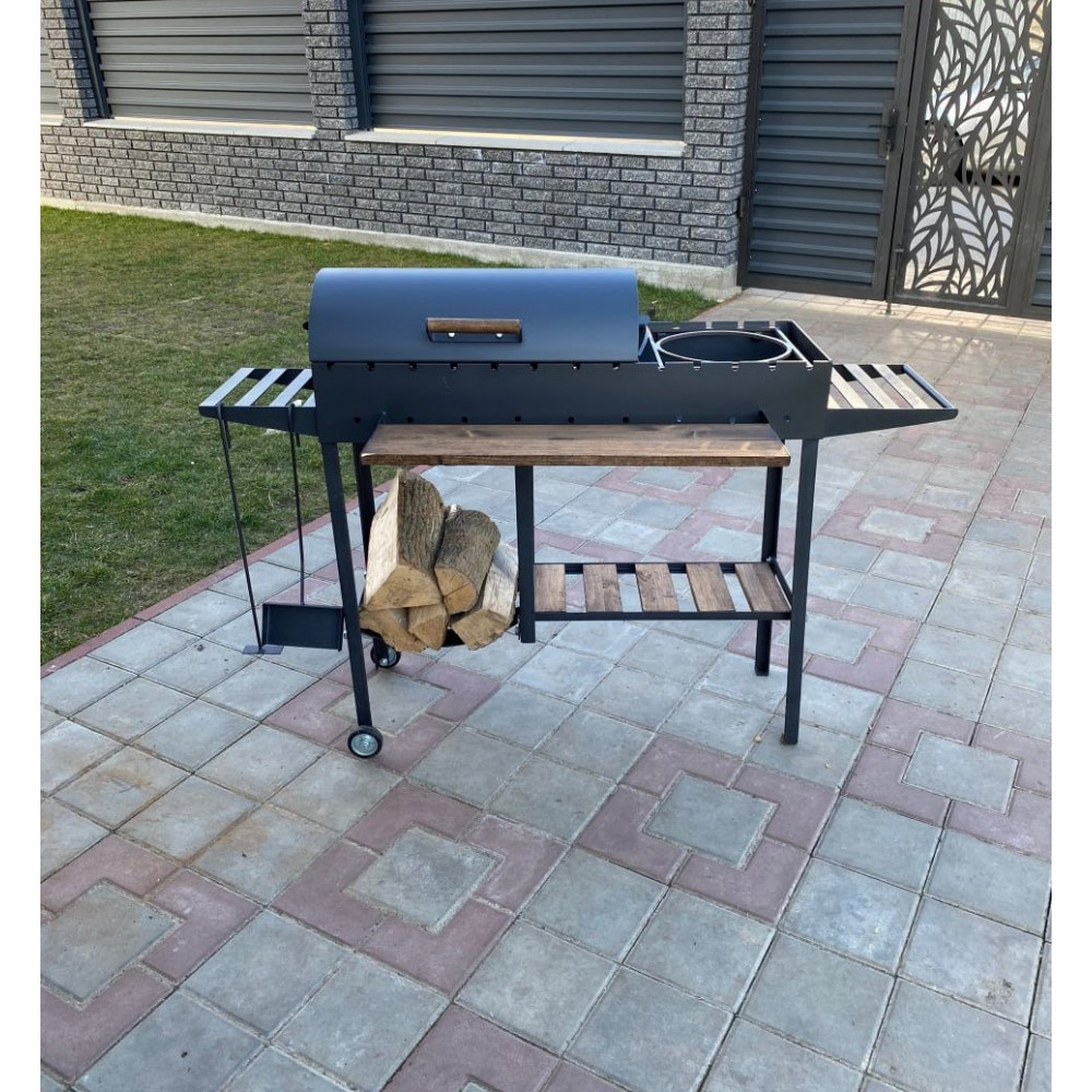 Мангал-барбекю 5 мм посилений на 13 шампурів з дровницею, решіткою-гриль та підставкою під казан