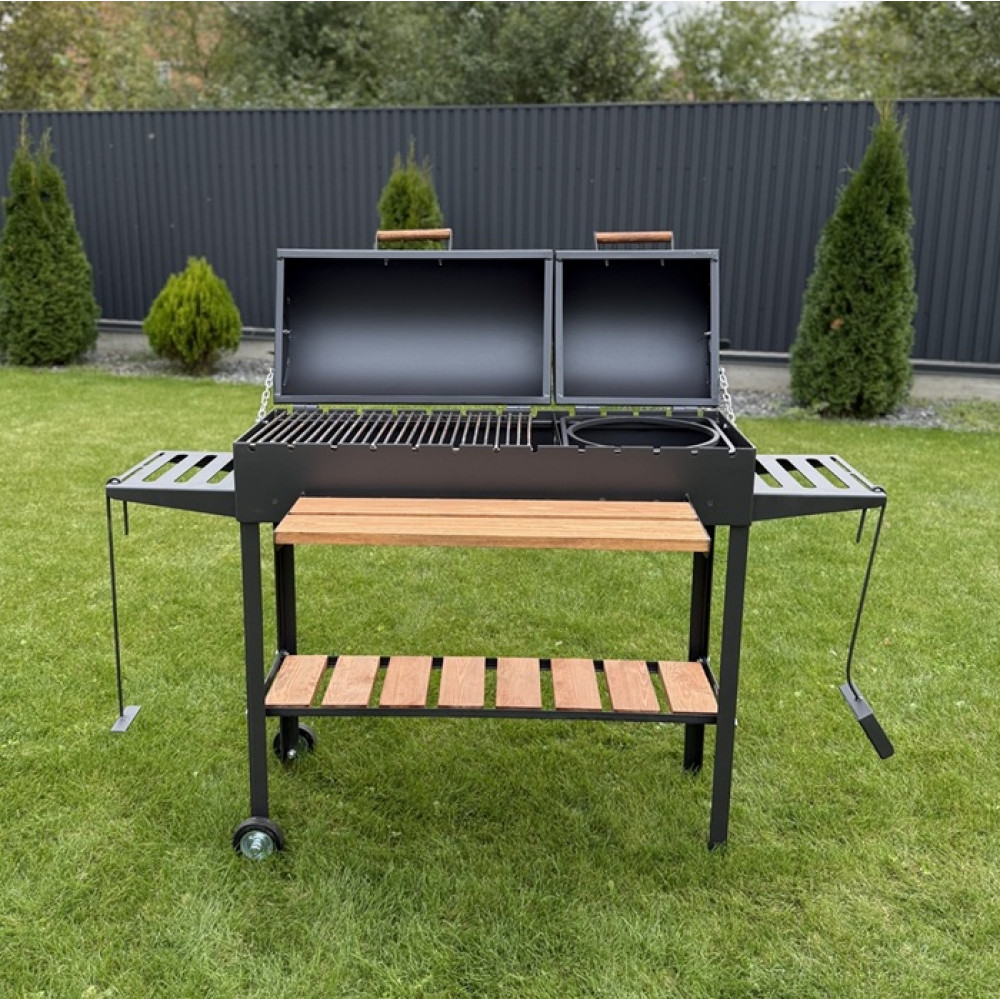 Мангал-барбекю 5 мм посилений на 13 шампурів з двома кришками, решіткою-гриль та підставкою під казан