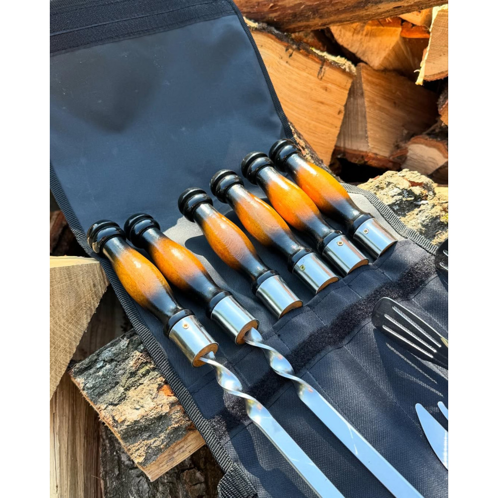 Набір: 6 шампурів + виделка для зняття м'яса + щипці-гриль + чохол