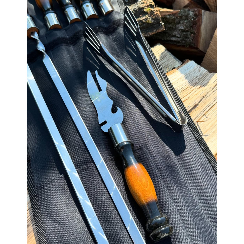 Набір: 6 шампурів + виделка для зняття м'яса + щипці-гриль + чохол