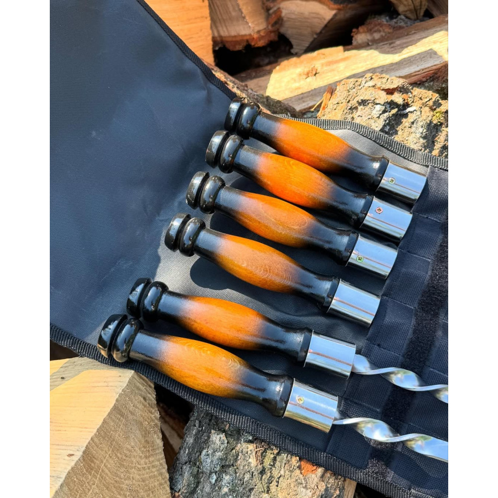 Набір: 6 шампурів + виделка для зняття м'яса + щипці-гриль + чохол